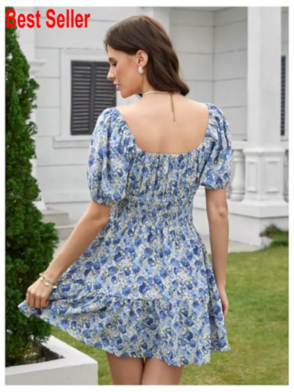 Polyester Boho Square Neck Puff Sleeve A-Line Mini Dress - Picture 2 of 6